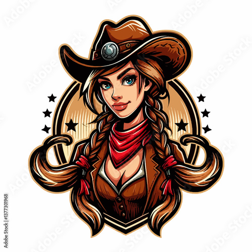 "Logotipo gráfico vectorial de chica vaquera del oeste en estilo póster, una ilustración de emblema colorido en formato EPS10, ideal para branding temático del oeste audaz."