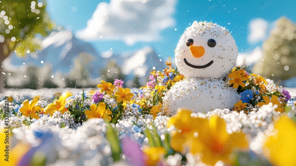 A cheerful snowman surrounded by vibrant flowers in a sunny meadow, capturing the essence of spring. A cheerful snowman surrounded by vibrant flowers in a sunny meadow, capturing the essence of spring.