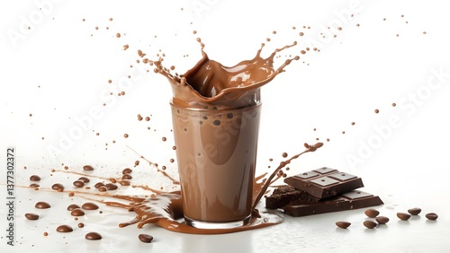 Chocolate Drink Splashes From Glass Surrounded by Cocoa Beans and Chocolate Bars on a White Background
