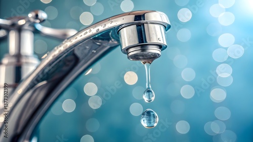 Close-up of a Water Faucet With Droplets Forming Against a Blurred Blue Background in a Home Setting