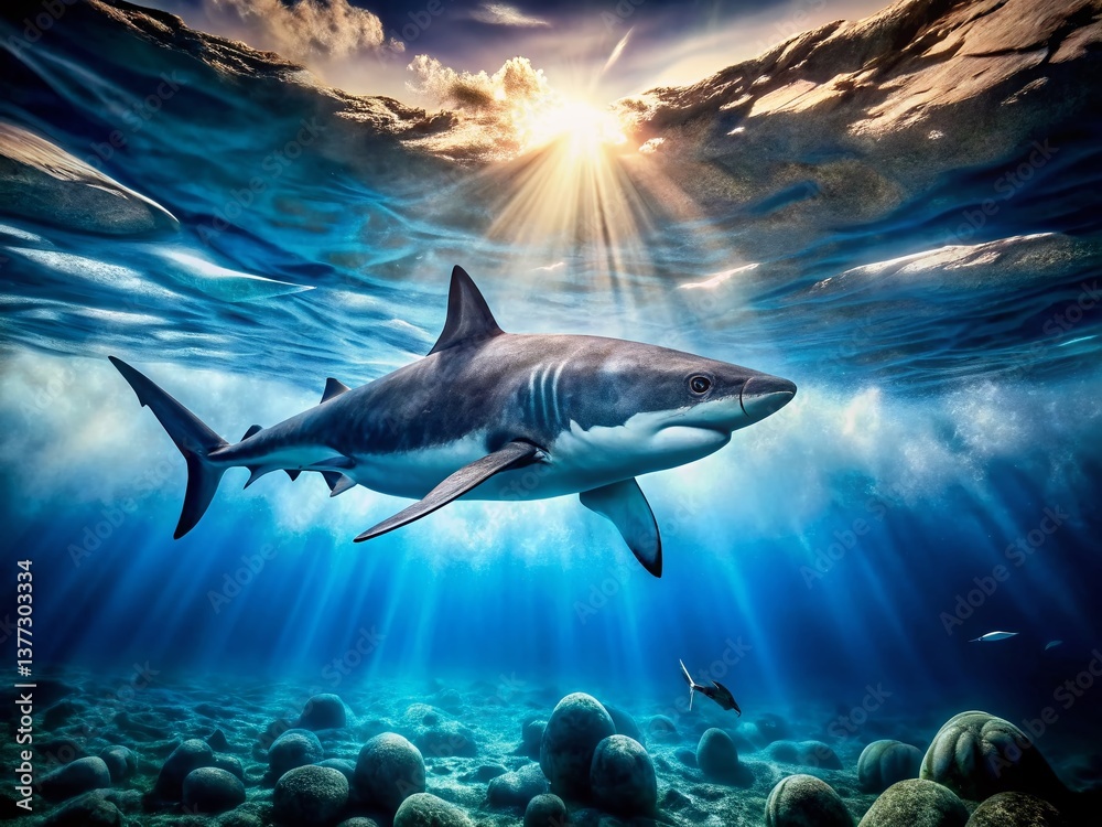 Fototapeta premium Majestic Shark Gracefully Swimming in Crystal Clear Ocean Waters - Low Light Underwater Photography