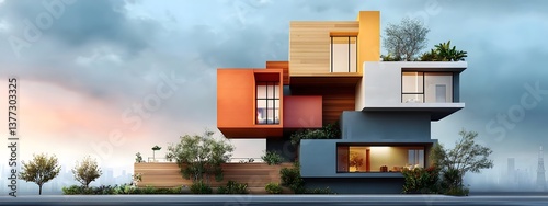 Architectural rendering showcasing the contemporary design of a multifamily residential highrise building with a bold geometric facade and balconies set against an urban skyline backdrop