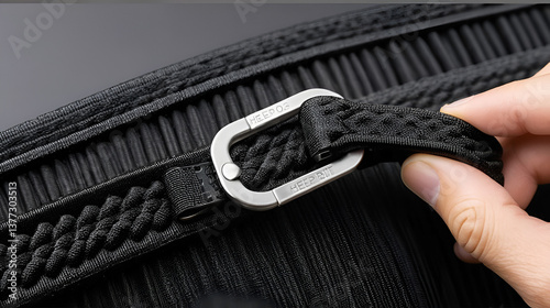 Black belt rope strap lanyard. Hanging plastic clasp snap latch hook carabiner. Isolated macro closeup, horizontal copy space and large detailed closeup. Help concept metaphor