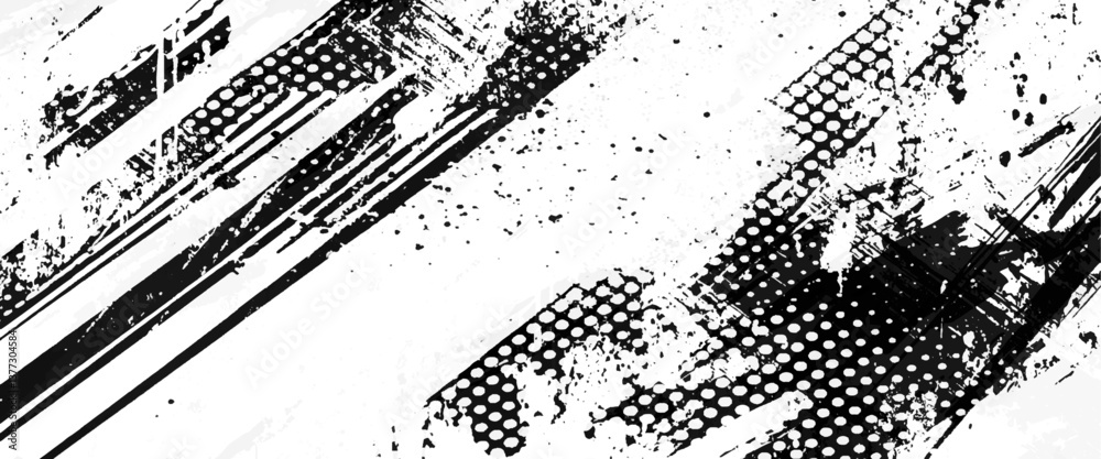 Vector modern abstract black splat grunge background with halftone dots pattern texture.