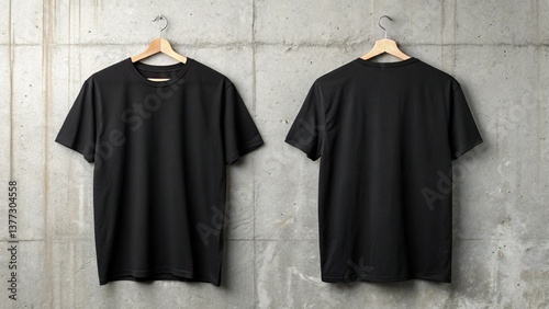 Mockup of a Front and Back View Black T-Shirt on a Concrete Wall