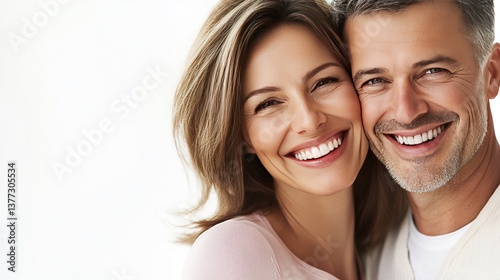 Smiling middle-aged couple with perfect teeth in close-up portrait on white background, ideal for dental healthcare advertising and aesthetic treatment promotion concepts.