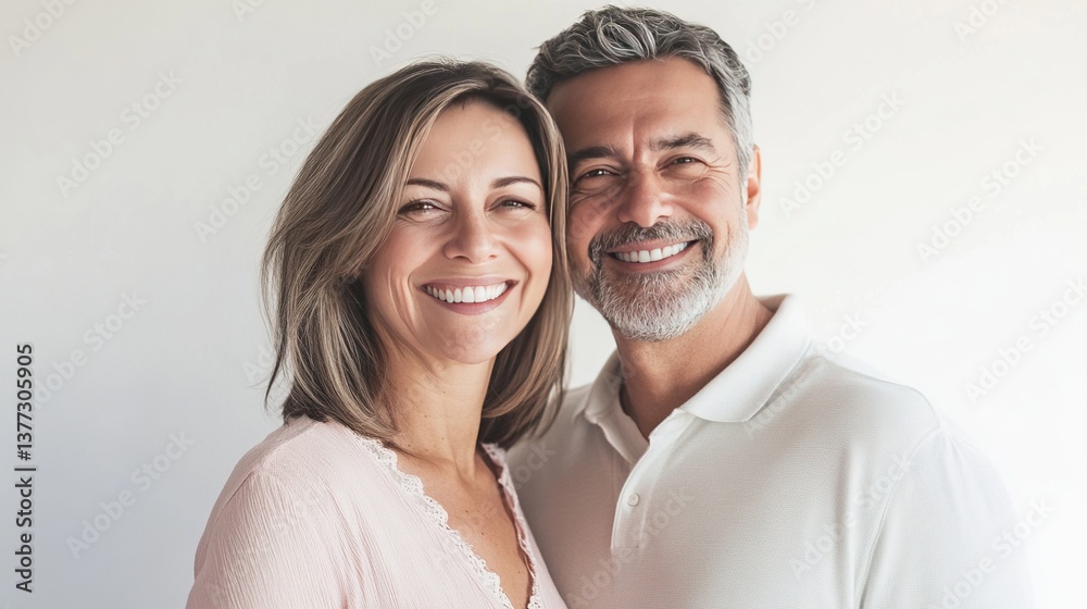 Smiling middle-aged couple with perfect teeth in close-up portrait on white background, ideal for dental healthcare advertising and aesthetic treatment promotion concepts. Smiling middle-aged couple with perfect teeth in close-up portrait on white background, ideal for dental healthcare advertising and aesthetic treatment promotion concepts.