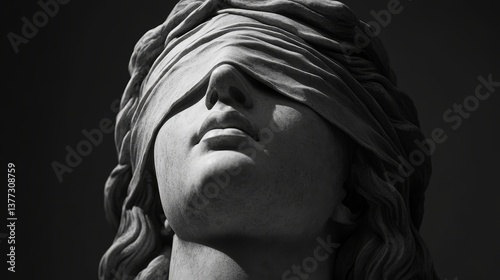 Blindfolded marble statue of a woman with closed lips in black and white