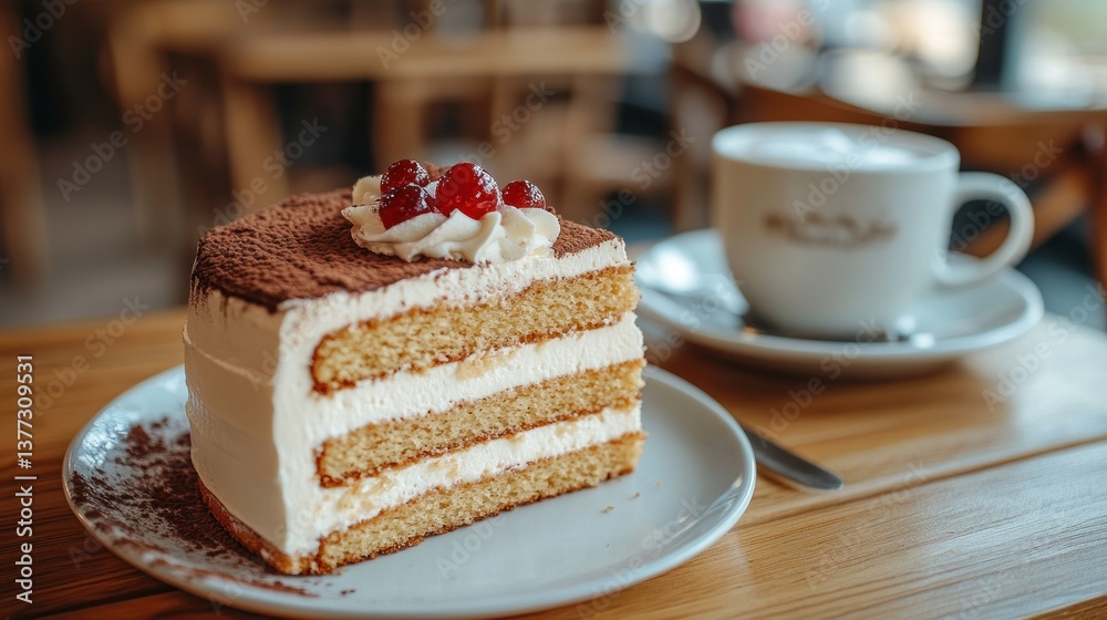 A delightful view of layered cake with cream and berries alongside a steamy cup of coffee on a wooden table at a cozy cafe