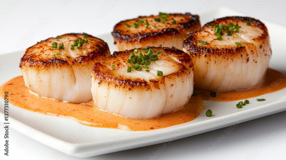 Seared Scallops Appetizer: Perfectly seared scallops, expertly plated to highlight their rich, caramelized surfaces and delicate, succulent interiors, nestled in a savory sauce. Seared Scallops Appetizer: Perfectly seared scallops, expertly plated to highlight their rich, caramelized surfaces and delicate, succulent interiors, nestled in a savory sauce.