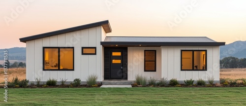 Accessory dwelling unit concept. Modern house with large windows set against a scenic backdrop at sunset.