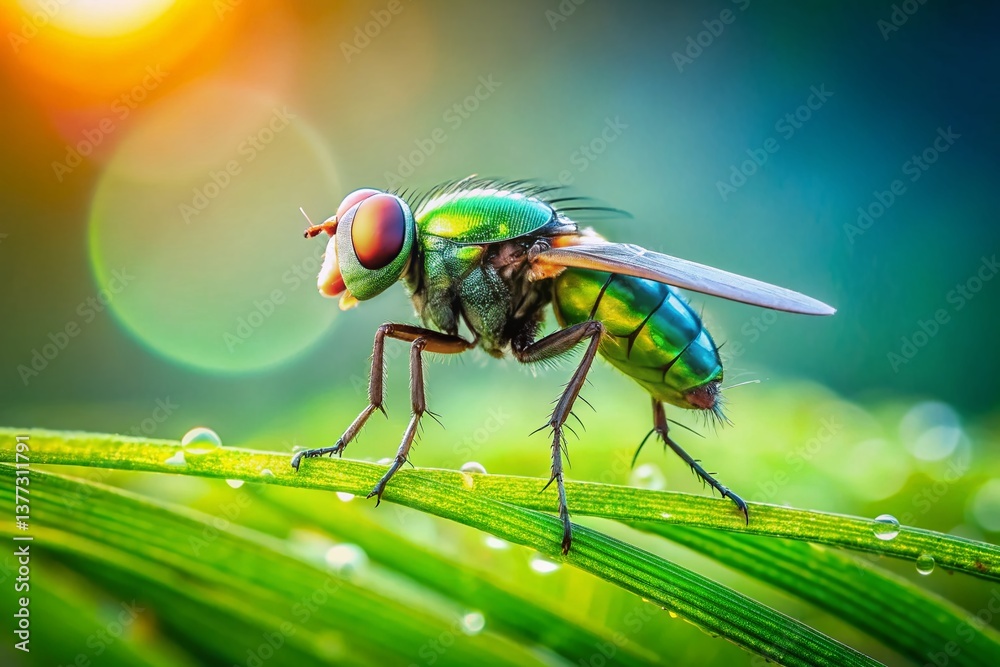 Fototapeta premium Miniature Fly on Grass Blade, Tilt-Shift Macro Photography