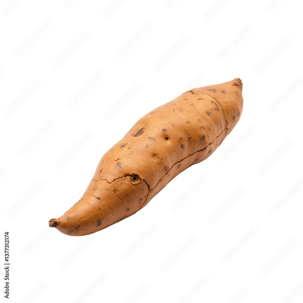 A single, unpeeled sweet potato with a rough, textured skin and a natural, earthy appearance. A single, unpeeled sweet potato with a rough, textured skin and a natural, earthy appearance.