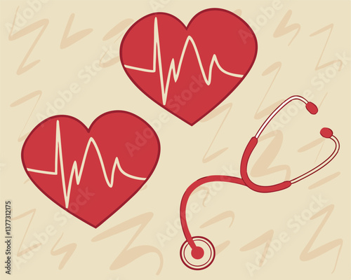 World Heart Day Illustration: Hearts with ECG and Stethoscope