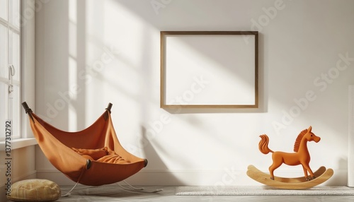 Fototapeta Naklejka Na Ścianę i Meble -  3D rendering of a mockup poster frame in a Scandinavian-style nursery room interior with a white wall