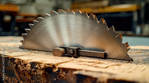 Circular saw blade resting on wood log in workshop