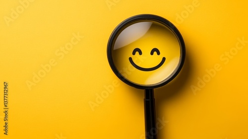 Magnifying glass enlarging smiley face on yellow background