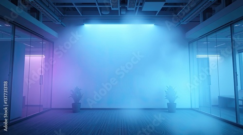 A spacious office with colorful lighting and plants inside the building