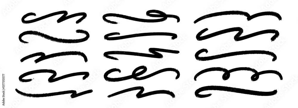 Wavy paint line set. Squiggle sketch brush stroke collection. Rough charcoal curved flourishes for highlight, underline, emphasis. Vector handdrawn wave crayon chalk strips. Black swoosh stripe bundle Wavy paint line set. Squiggle sketch brush stroke collection. Rough charcoal curved flourishes for highlight, underline, emphasis. Vector handdrawn wave crayon chalk strips. Black swoosh stripe bundle