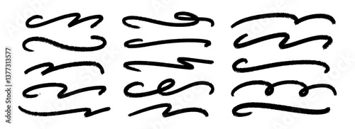 Wavy paint line set. Squiggle sketch brush stroke collection. Rough charcoal curved flourishes for highlight, underline, emphasis. Vector handdrawn wave crayon chalk strips. Black swoosh stripe bundle