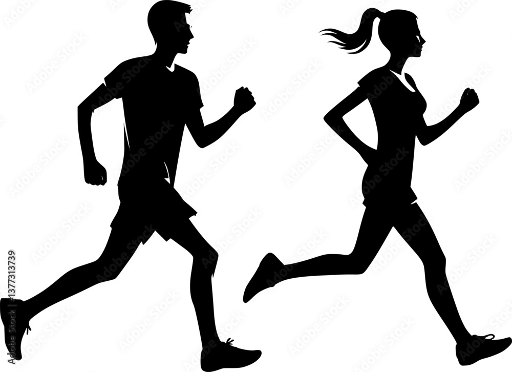 Obraz premium Running man and woman, isolated vector silhouettes. Run, side view. Silhouettes of athletic looking male and female runners running. EPS 10 version.