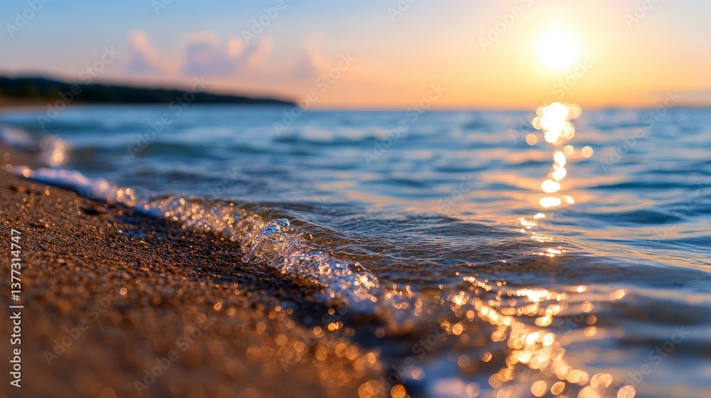 Obraz premium Golden Sunrise Over Tranquil Ocean Waves Gently Lapping on Sandy Shoreline at Peaceful Beach Setting