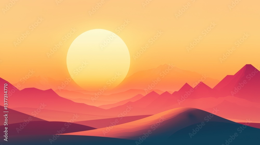 A vibrant, stylized landscape featuring mountains and a large sun, showcasing warm hues of orange, pink, and purple, creating a serene atmosphere.