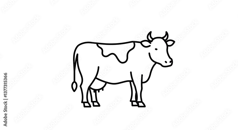 A gentle dairy cow standing peacefully in a simple black line drawing, showcasing its calm demeanor and classic farm animal features. A gentle dairy cow standing peacefully in a simple black line drawing, showcasing its calm demeanor and classic farm animal features.