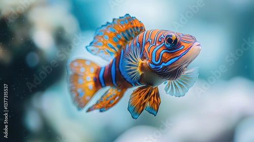 Vibrant orange and blue fish in aquarium with blurred coral reef background photo