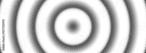 Halftone circle background. Radial comic target texture. Black and white dotted circular gradient. Fading rough dot epicenter wallpaper concept. Vector grunge round pop art rasterized backdrop