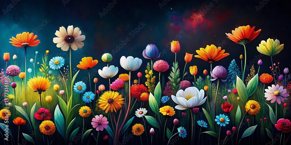 Obraz premium Minimalist Black Background Flower Field Painting, Generative AI Art Print