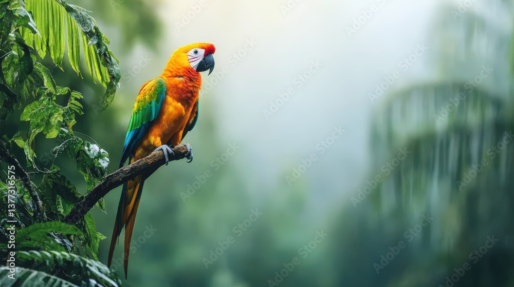 Obraz premium A vibrant parrot perches on a branch, surrounded by lush greenery and mist, showcasing its colorful feathers in a tranquil rainforest setting.
