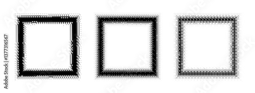 Black halftone square frame set. Dotted 8 bit gradient border collection. Pop art comic picture holder design for banner template, emblem, poster, box, copy space. Vector raster videogame element pack