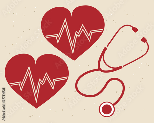 World Heart Day Illustration: Hearts with ECG and Stethoscope