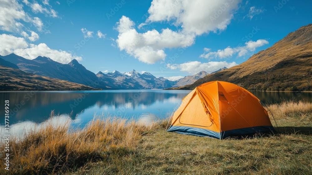Orange tent by lake, mountains in background, sunny day Orange tent by lake, mountains in background, sunny day