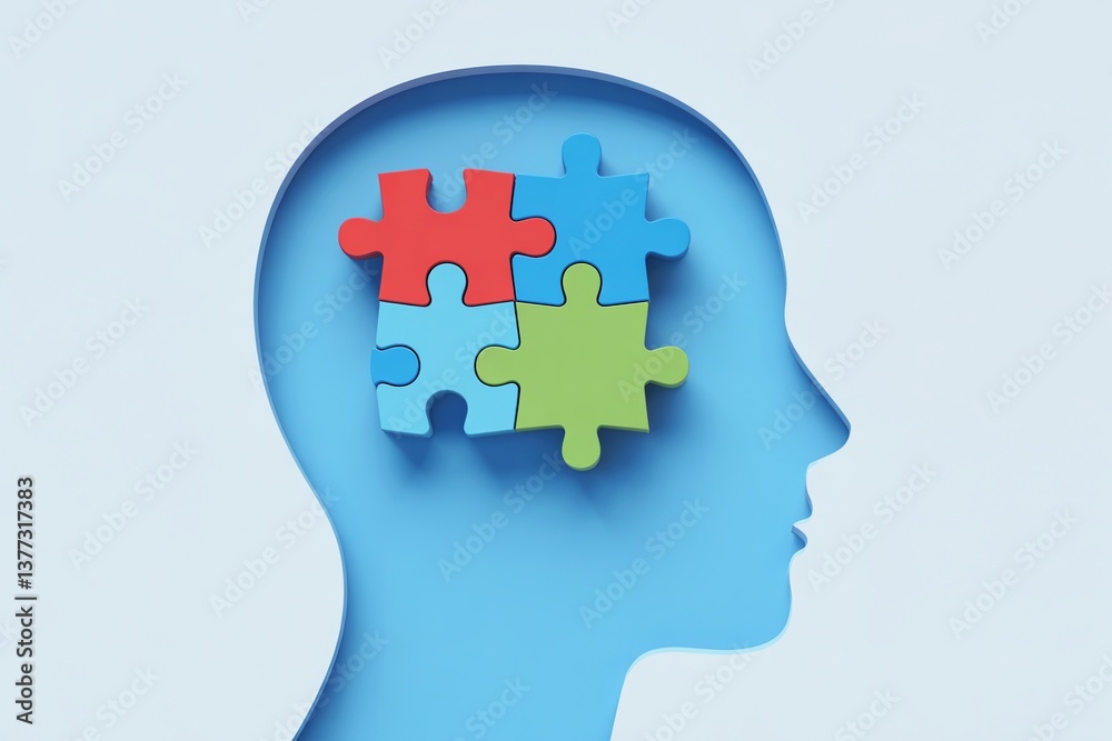 Colorful puzzle pieces in blue silhouette symbolize mental puzzle-solving. Colorful puzzle pieces in blue silhouette symbolize mental puzzle-solving.