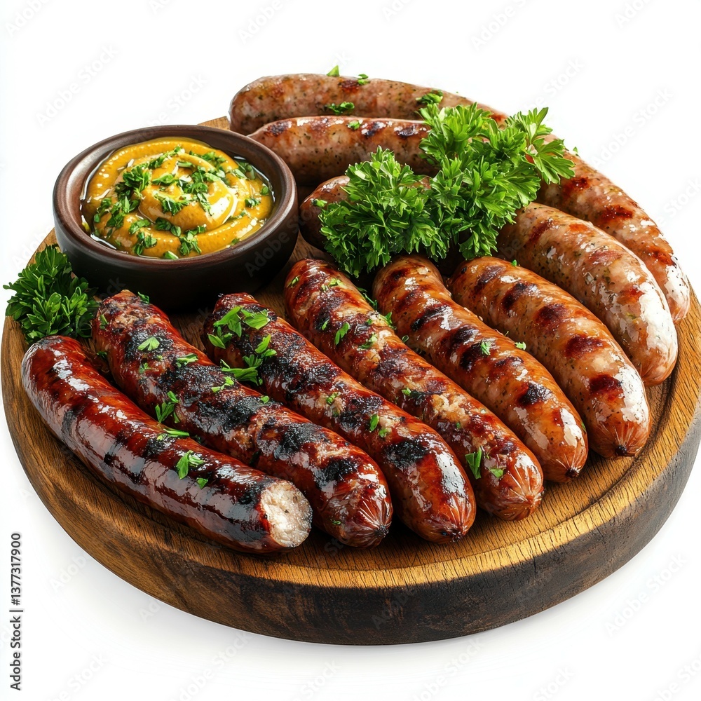 Sausage Platter: A sizzling array of grilled sausages, artfully arranged on a rustic wooden platter, accompanied by a vibrant mustard and fresh herbs. Sausage Platter: A sizzling array of grilled sausages, artfully arranged on a rustic wooden platter, accompanied by a vibrant mustard and fresh herbs.