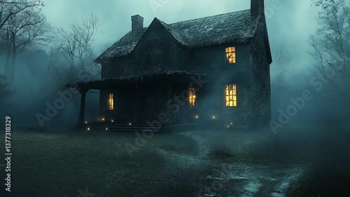 Dark Stone House in Foggy Forest at Night