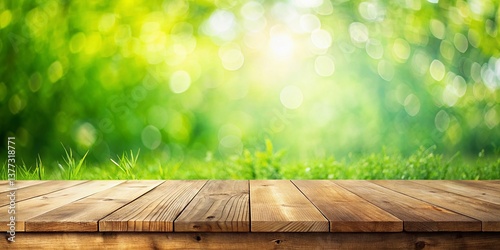 Minimalist Empty Wooden Tabletop with Blurred Nature Background - Perfect for Product Photography