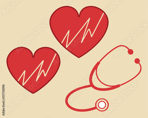 World Heart Day Illustration: Hearts with ECG and Stethoscope