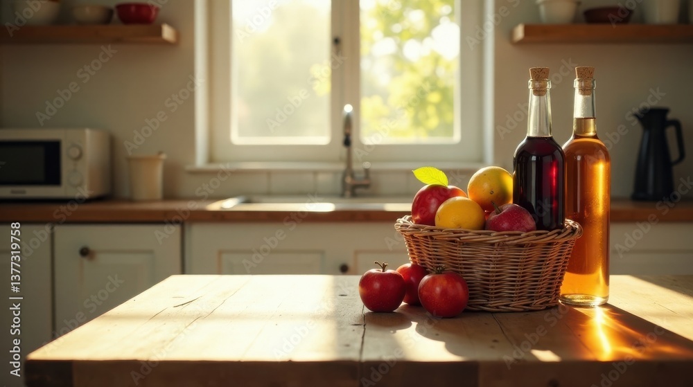 Sunlit Kitchen Table with Fruit Basket and Two Bottles of Beverage Sunlit Kitchen Table with Fruit Basket and Two Bottles of Beverage