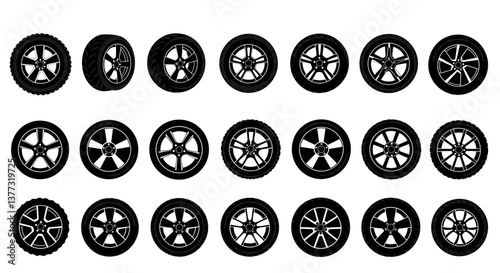 A comprehensive collection of sleek, black wheel designs showcasing a variety of sporty and elegant rim styles in a simple, graphic presentation.