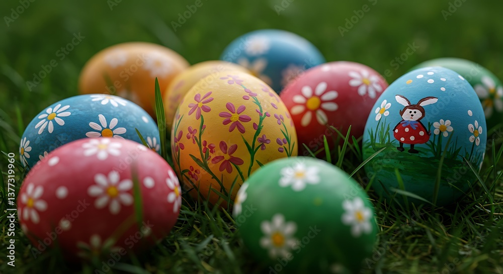 Colorful Easter Eggs with Flower and Bunny Designs in Green Grass Colorful Easter Eggs with Flower and Bunny Designs in Green Grass