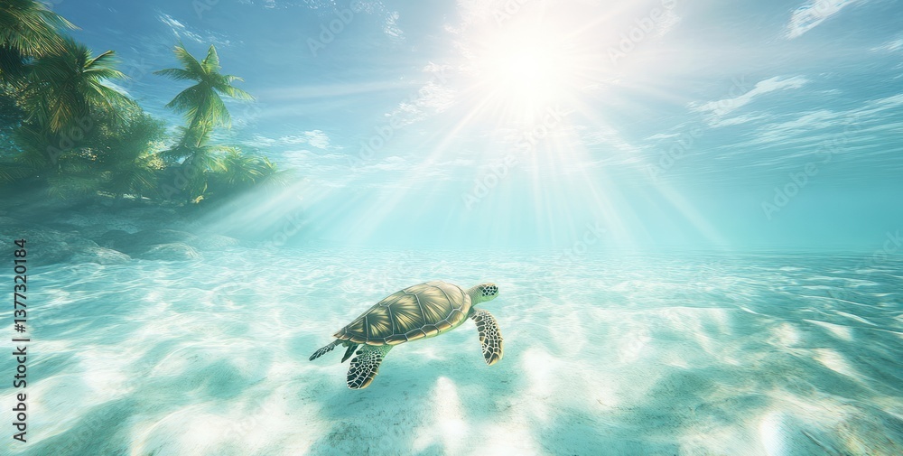 Obraz premium A majestic sea turtle gracefully swimming in the clear blue waters of an exotic island