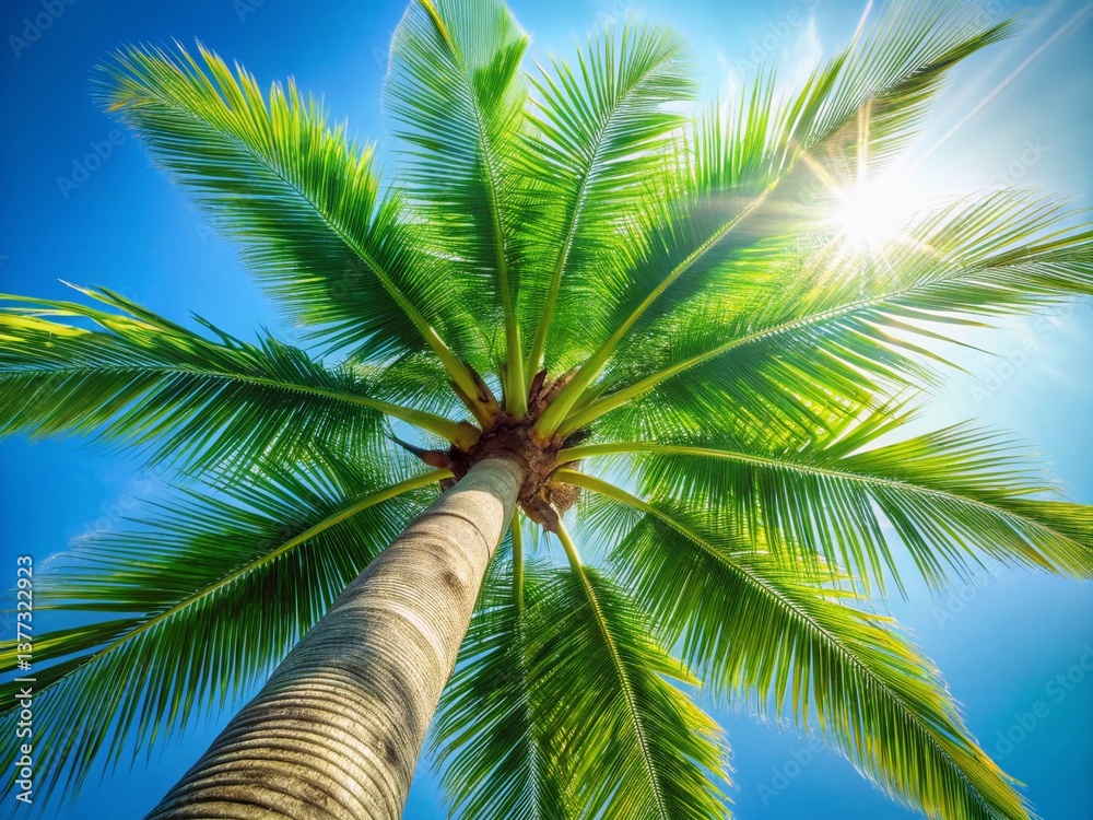 Obraz premium Minimalist Palm Tree: Upward View of Fronds Against Sky