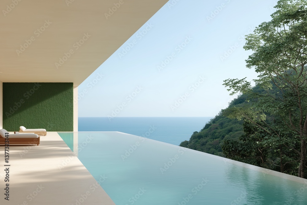 Fototapeta premium Infinity pool with an amazing ocean view, capturing a sense of relaxation and luxury. This image is perfect for promoting tranquility.