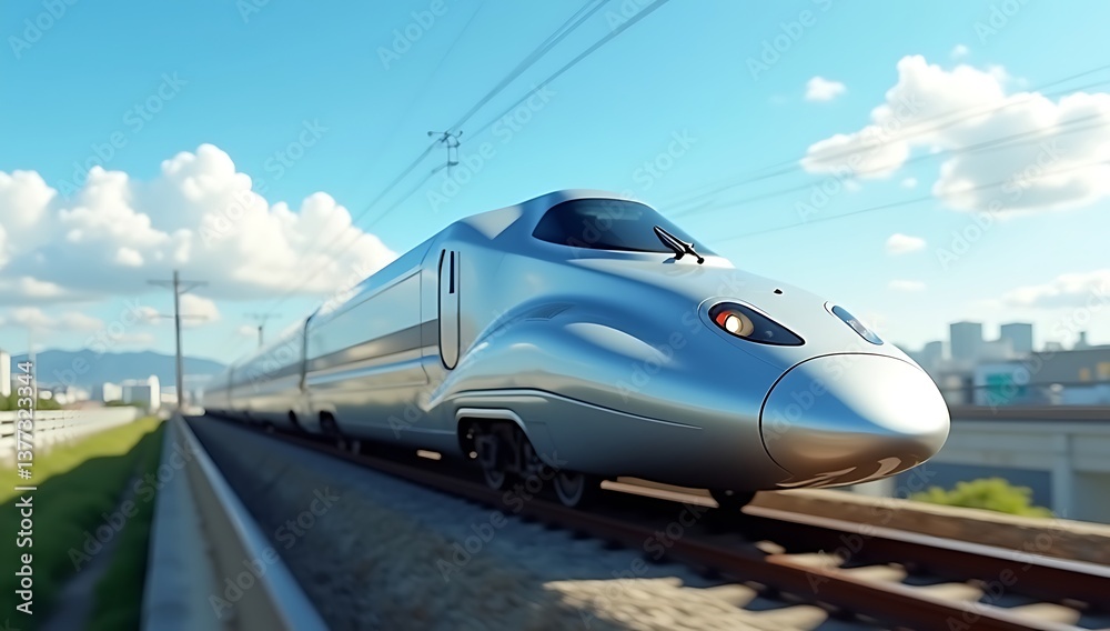 Fototapeta premium High-Speed Bullet Train on Elevated Railway Track, Motion Blur Effect, Modern Transportation and Travel Concept. 