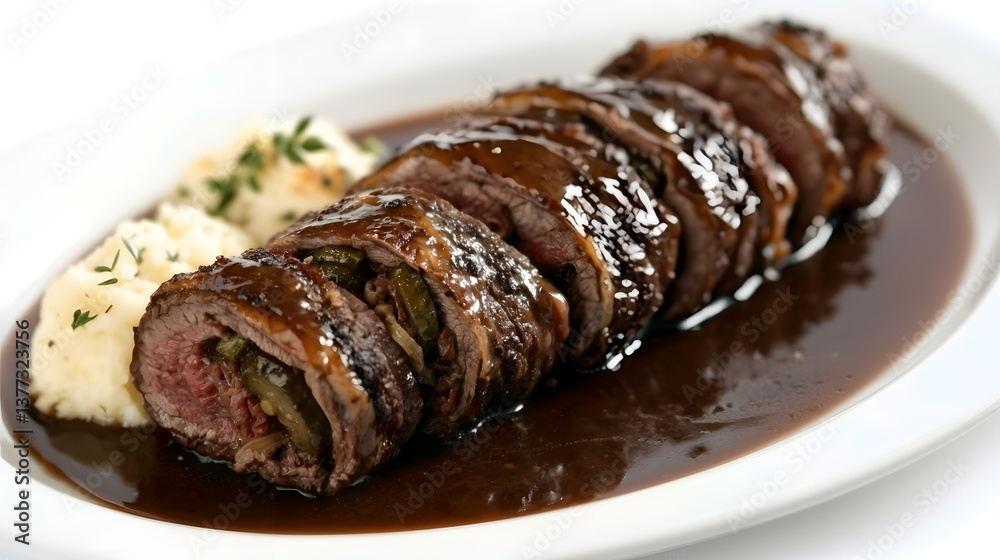 Delicious Rindsrouladen Beef Roulades with Rich Gravy and Creamy Mashed Potatoes on a White Plate Delicious Rindsrouladen Beef Roulades with Rich Gravy and Creamy Mashed Potatoes on a White Plate