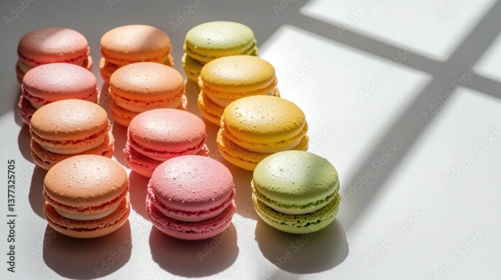 Obraz premium Brightly colored macarons, including pink, yellow, and green, are arranged on a white surface, illuminated by natural sunlight