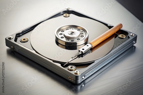 Minimalist Tech: Open Hard Drive, Pencil Point on Platter
